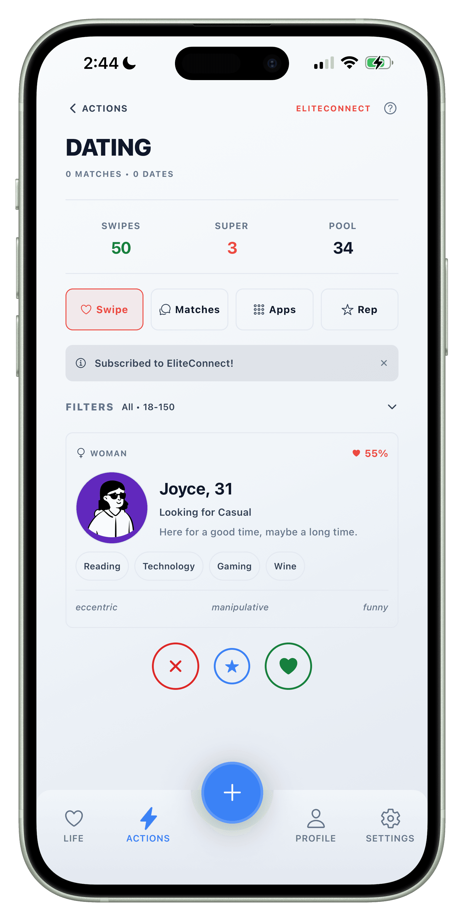 Dating screen with matches and conversations