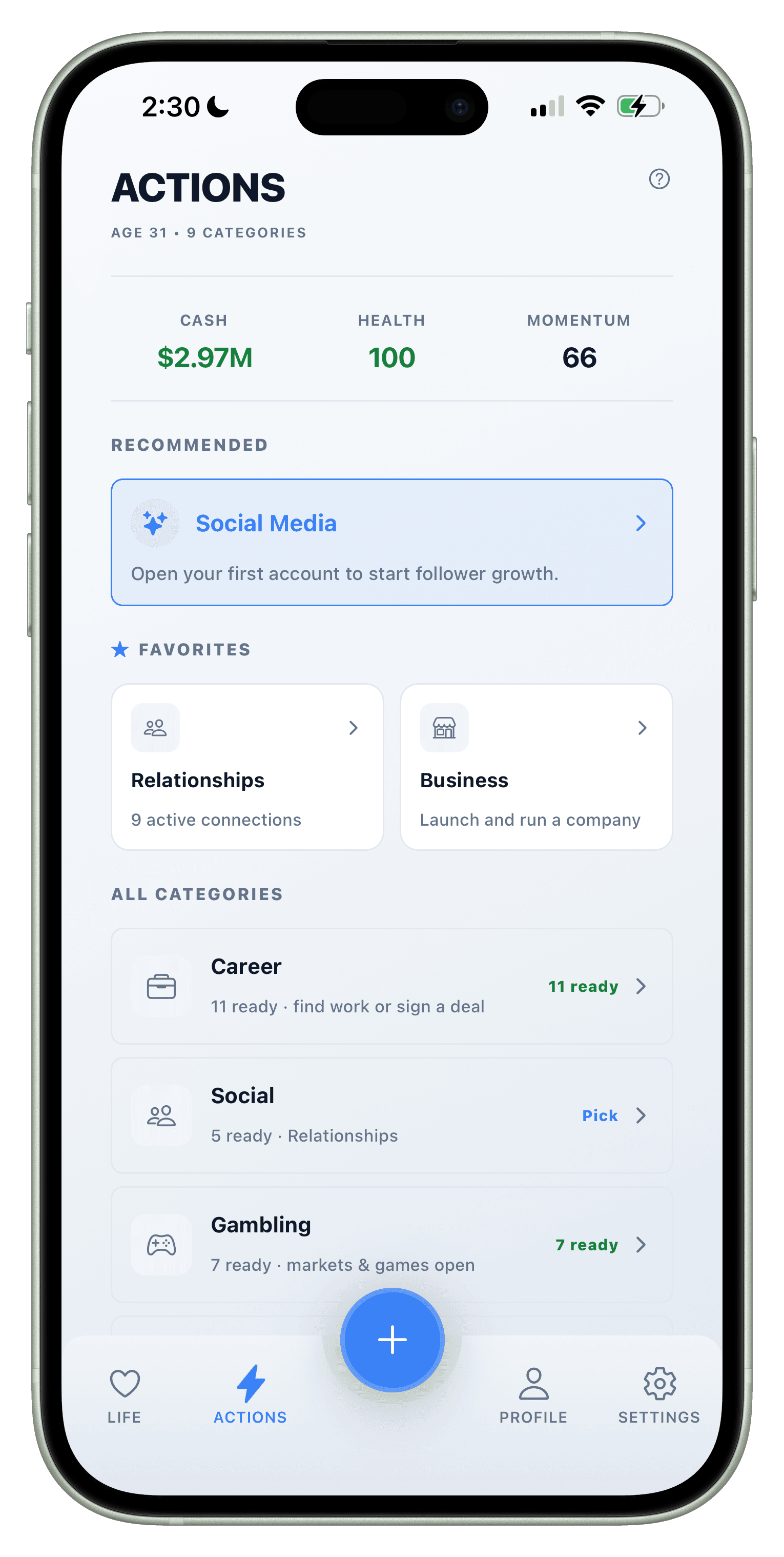 Actions hub with career, social, money, and business categories