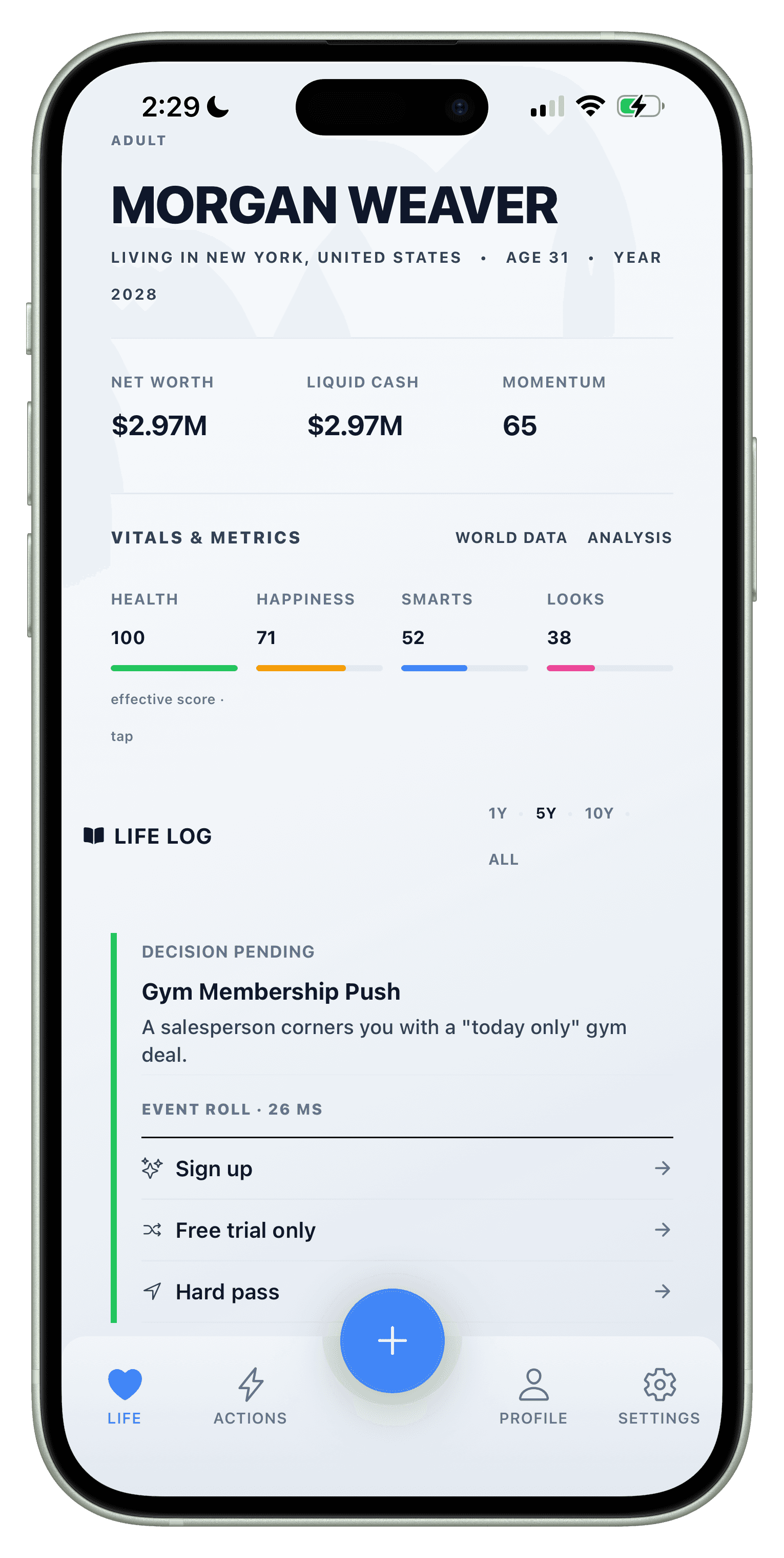 Life Log dashboard with net worth, stats, and timeline events