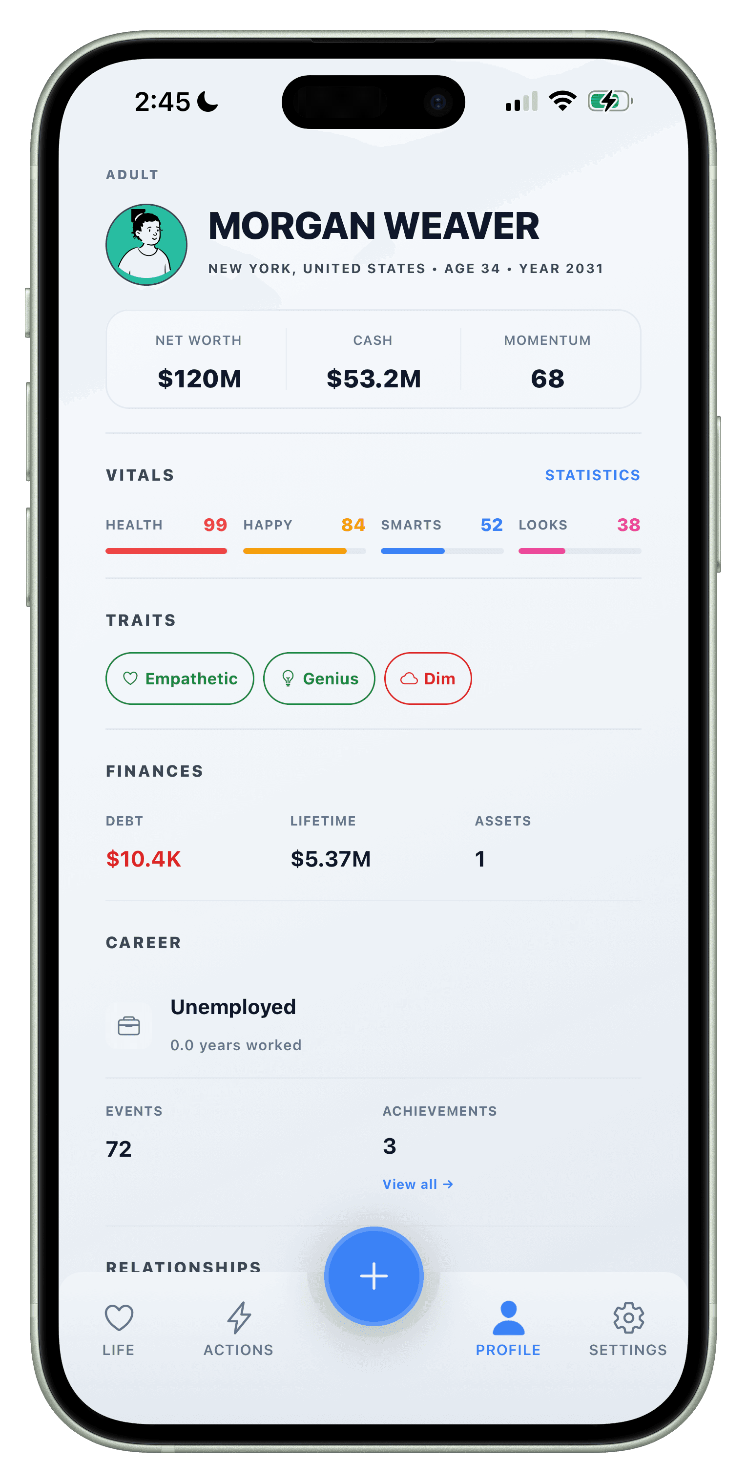 chronalife profile and life stats screen