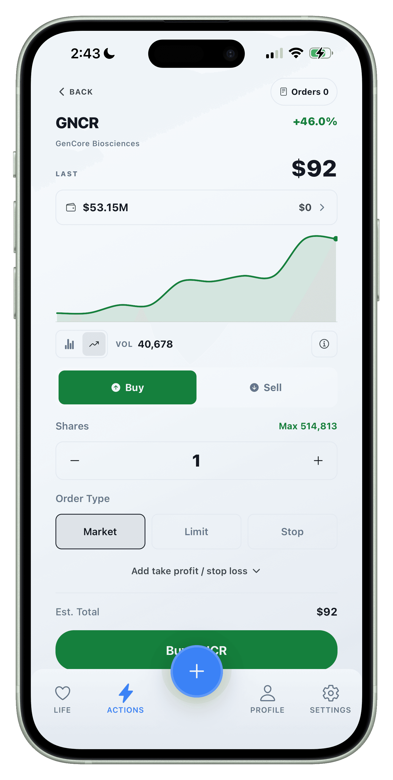 Stock ticker with price chart and buy flow