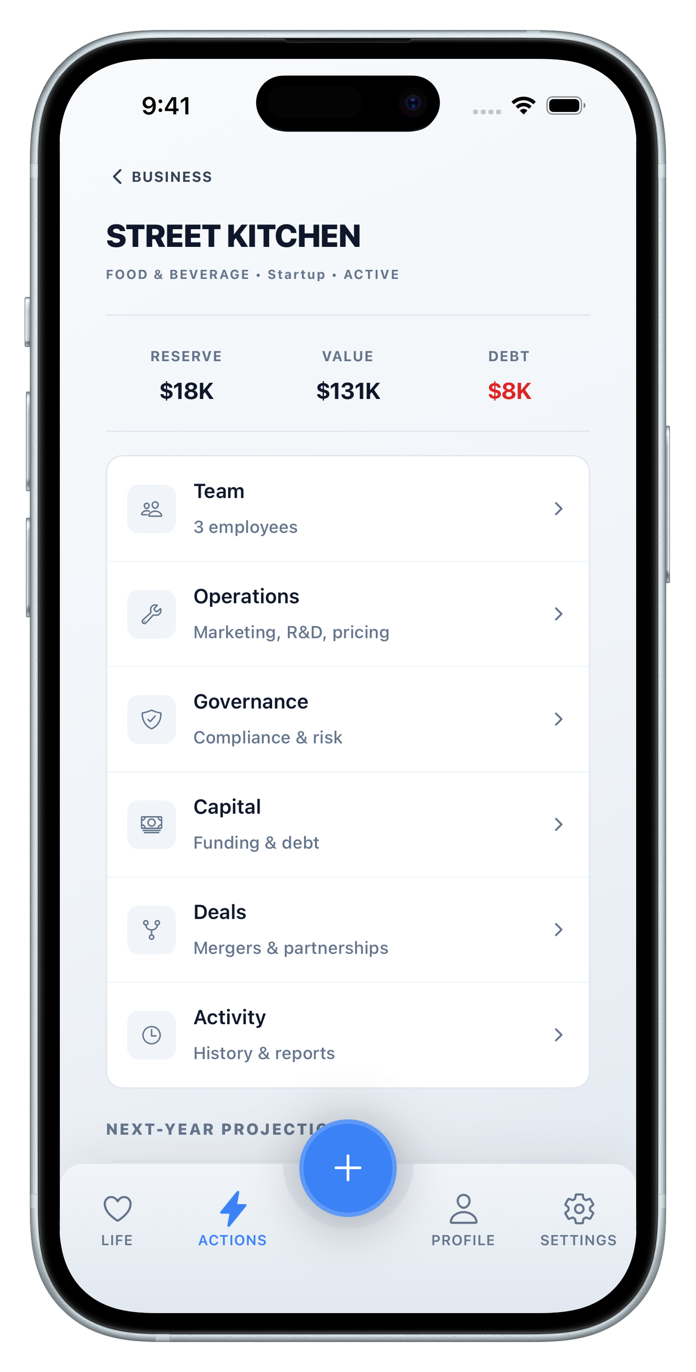 Business management dashboard showing company revenue, employee stats, and market position